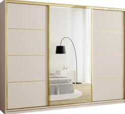 Zestawy Mebli Do Przedpokoju|Szafy Trzydrzwiowe>BROMARKT Beżowa duża szafa przesuwna 280 cm do sypialni GOLD NEW beż piaskowy