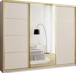 Zestawy Mebli Do Przedpokoju|Szafy Trzydrzwiowe>BROMARKT Beżowa duża szafa przesuwna z lustrem 250 cm GOLD NEW beż piaskowy