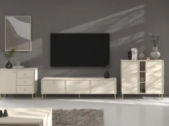 Zestawy Mebli Do Salonu|Meblościanki>Lempert Beżowa meblościanka do nowoczesnego salonu z szafką RTV TOKEN beż piaskowy