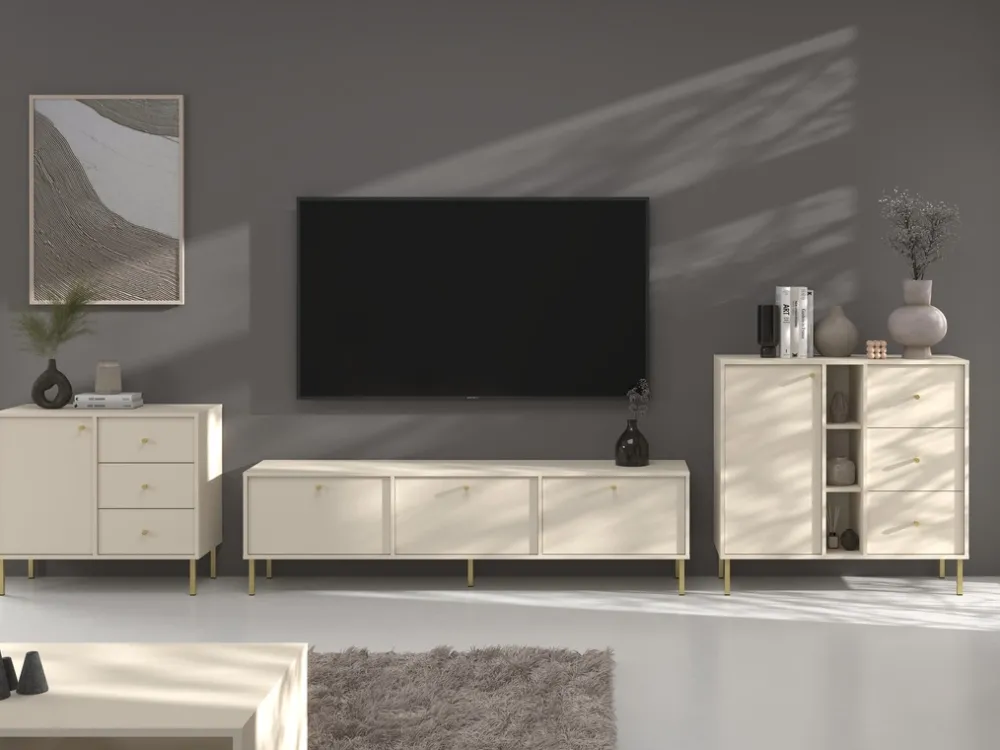 Zestawy Mebli Do Salonu|Meblościanki>Lempert Beżowa meblościanka do nowoczesnego salonu z szafką RTV TOKEN beż piaskowy