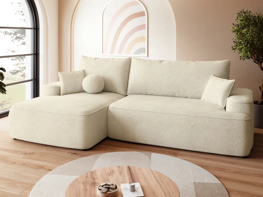 Meble Dla Dzieci|Meble Młodzieżowe>BROMARKT Beżowa rogówka z funkcją spania i pojemnikiem na pościel CARMELLO boucle