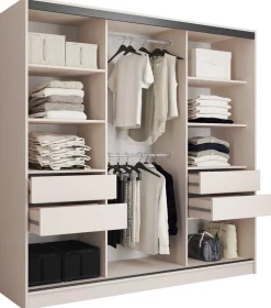 Zestawy Mebli Do Przedpokoju|Szafy Trzydrzwiowe>BROMARKT Beżowa szafa przesuwna z lustrem i półkami 200 cm EDGE beż piaskowy