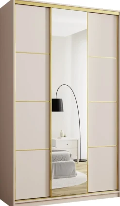 Zestawy Mebli Do Przedpokoju|Szafy Trzydrzwiowe>BROMARKT Beżowa szafa przesuwna z lustrem 150 cm GOLD NEW MAX beż piaskowy