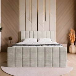 Meble Młodzieżowe|Łóżka Młodzieżowe></noscript>BROMARKT Beżowe łóżko kontynentalne 140x200 cm z pojemnikiem DENVER DUO sztruks