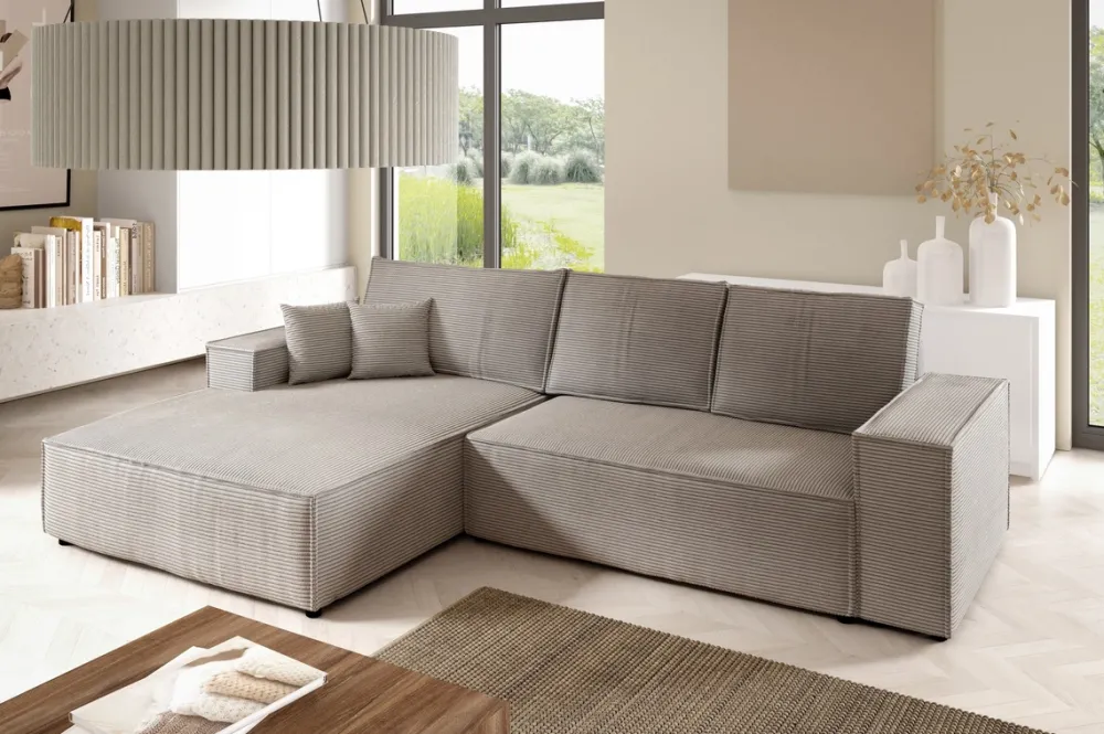 Meble Dla Dzieci|Meble Młodzieżowe>BROMARKT Beżowy narożnik do salonu z funkcją spania i pojemnikiem sztruksowy PABLO