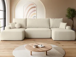 Narożniki>BROMARKT Beżowy narożnik do salonu z funkcją spania i pojemnikiem CARMELLO U