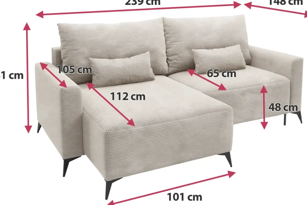 Meble Dla Dzieci|Meble Młodzieżowe>BROMARKT Beżowy narożnik sztruksowy rozkładany z pojemnikiem do salonu LORENZO