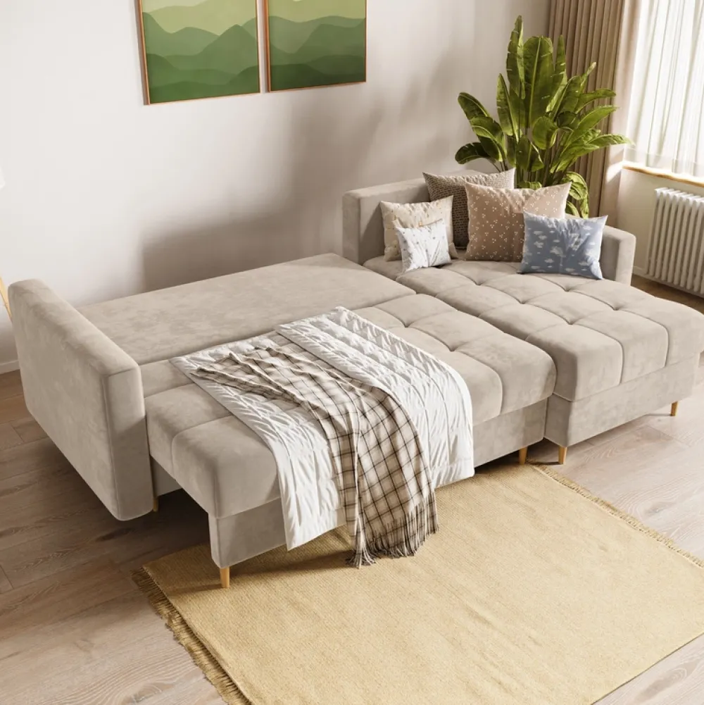 Meble Dla Dzieci|Meble Młodzieżowe>BROMARKT Beżowy narożnik z funkcją spania i pojemnikiem na pościel LIZBONA