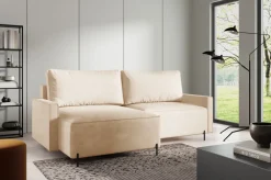 Meble Dla Dzieci|Meble Młodzieżowe></noscript>BROMARKT Beżowy rozkładany narożnik na nóżkach do salonu z funkcją spania i pojemnikiem NORTON