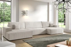 Narożniki>BROMARKT Beżowy sztruksowy narożnik w kształcie U duży z funkcją spania PABLO