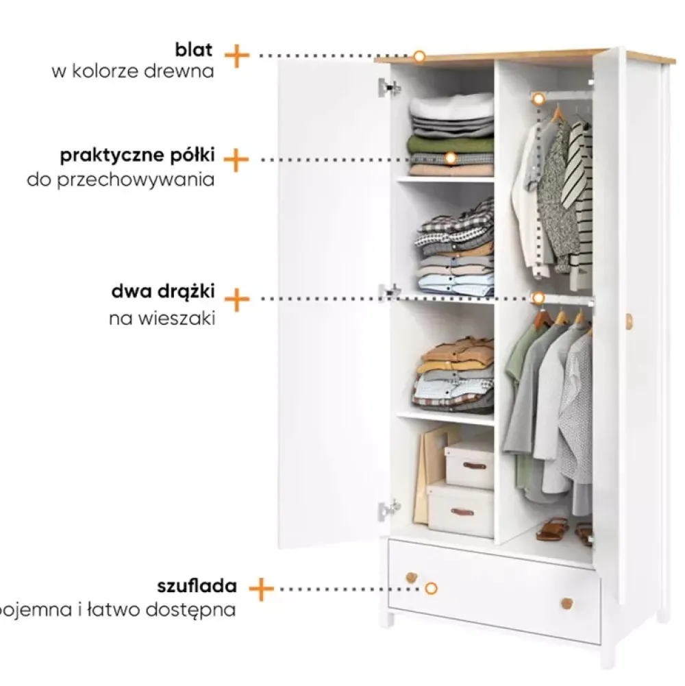 Meble Młodzieżowe|Zestawy Mebli Młodzieżowych>lenart. Biała dwudrzwiowa szafa młodzieżowa z półkami STORY