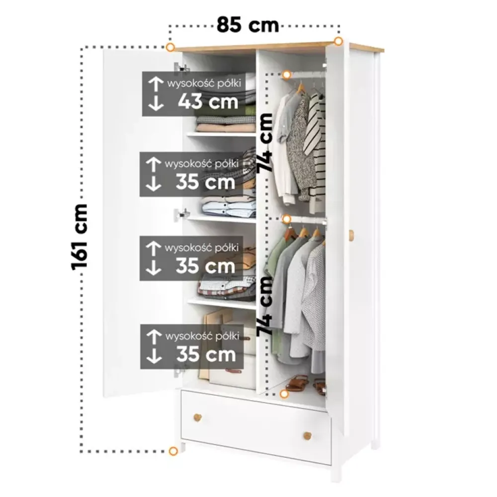 Meble Młodzieżowe|Zestawy Mebli Młodzieżowych>lenart. Biała dwudrzwiowa szafa młodzieżowa z półkami STORY