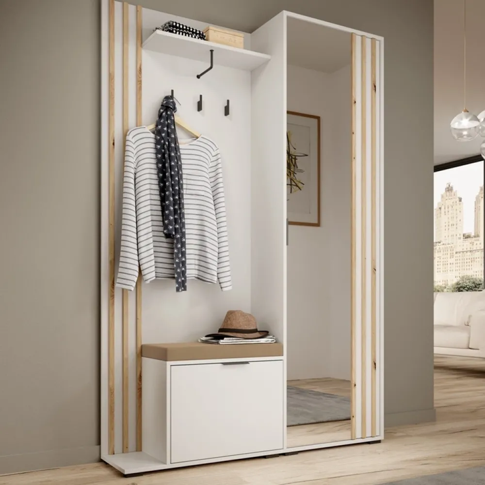 Garderoby|Zestawy Mebli Do Przedpokoju>PIASKI Biała garderoba do przedpokoju z siedziskiem 130 cm NAVE biały