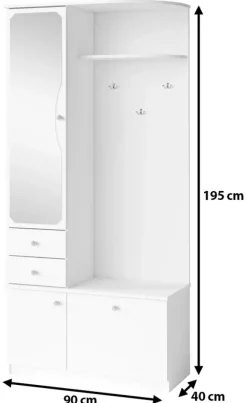 Garderoby|Zestawy Mebli Do Przedpokoju>MARIDEX Biała garderoba z lustrem i wieszakiem 90 cm CARTES