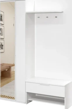 Garderoby|Zestawy Mebli Do Przedpokoju>Stolar Biała garderoba z wieszakami i lustrem 140 cm do przedpokoju MONTE