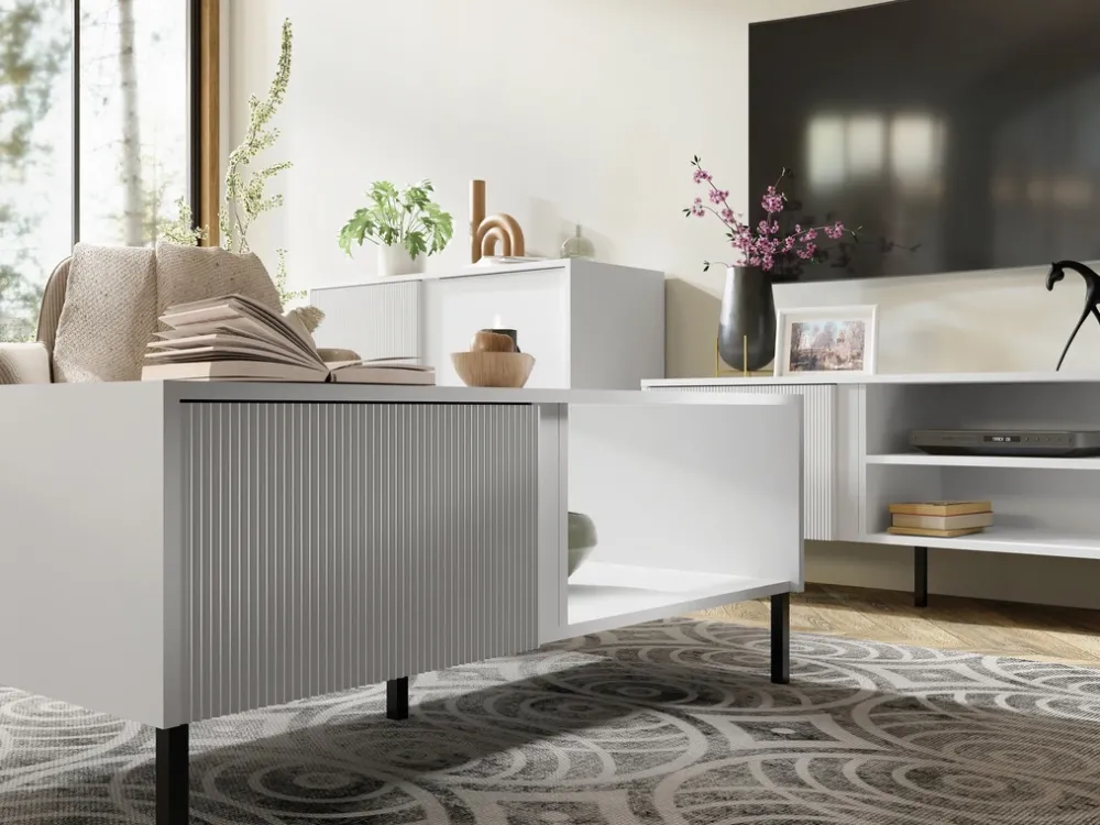 Zestawy Mebli Do Salonu|Komody>JUREK Biała komoda do salonu z lamelami 100 cm MALEZJA biały