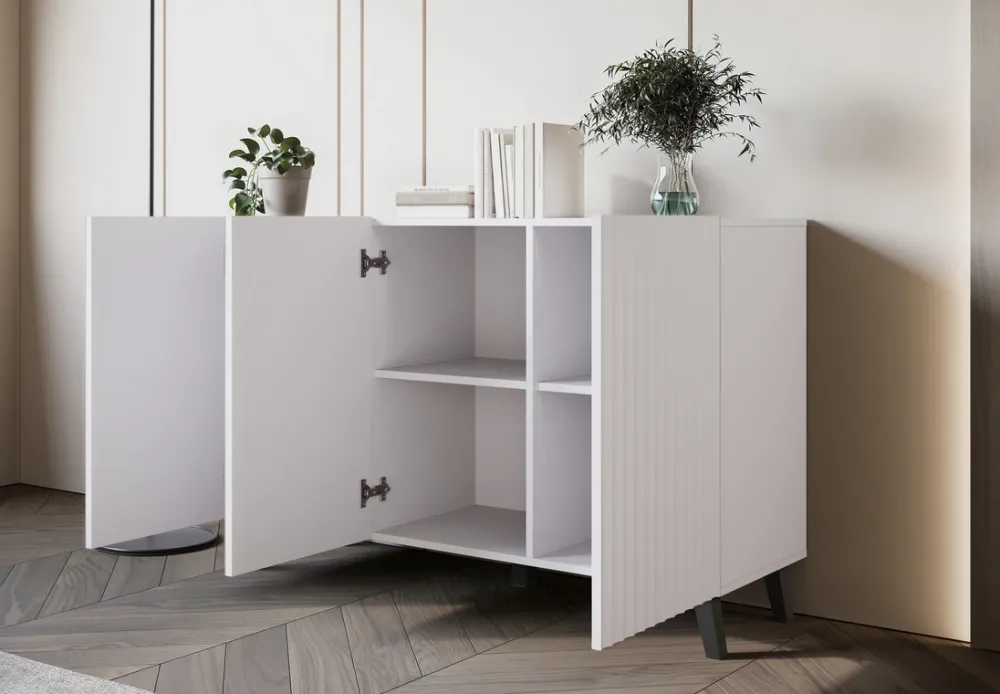 Zestawy Mebli Do Salonu|Komody>BRATEX Biała komoda do salonu z ryflowanymi frontami 120 cm PUNES cichy domyk biały