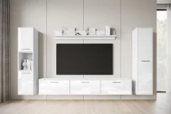 Meblościanki></noscript>BRATEX Biała meblościanka do salonu z szafką RTV BUENO połysk biały