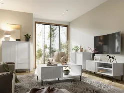 Zestawy Mebli Do Salonu|Komody>JUREK Biała nowoczesna komoda do salonu z lamelami 145 cm MALEZJA biały