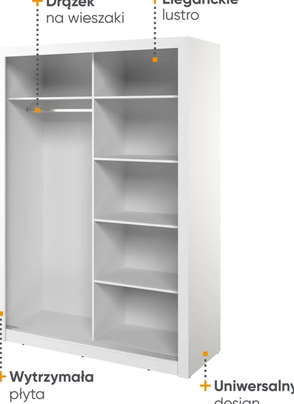 Zestawy Mebli Do Sypialni|Szafy Dwudrzwiowe>lenart. Biała szafa przesuwna 150 cm z lustrem i półkami ARTI biały