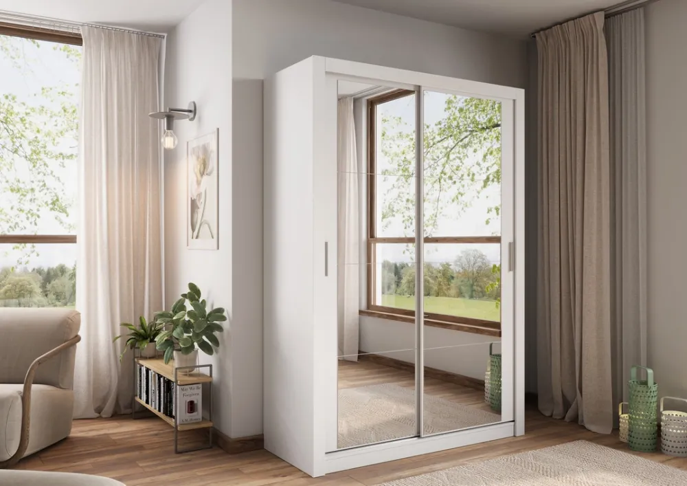 Zestawy Mebli Do Sypialni|Szafy Dwudrzwiowe>lenart. Biała szafa przesuwna 150 cm z lustrem i półkami ARTI biały