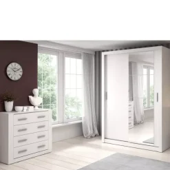 Szafy Przesuwne></noscript>lenart. Biała szafa przesuwna 150 cm z lustrem półki ARTI biały