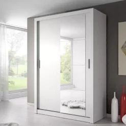 Szafy Przesuwne></noscript>lenart. Biała szafa przesuwna 150 cm z lustrem półki ARTI biały