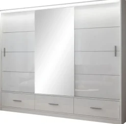 Szafy Trzydrzwiowe|Szafy Do Salonu>Stolar Biała szafa przesuwna 250 cm z lustrem i półkami MESTRE połysk biały