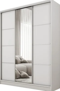 Zestawy Mebli Do Przedpokoju|Szafy Trzydrzwiowe>BROMARKT Biała szafa przesuwna z lustrem 150 cm BEST półki szuflady