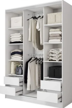 Zestawy Mebli Do Przedpokoju|Szafy Trzydrzwiowe>BROMARKT Biała szafa przesuwna z lustrem 150 cm BEST półki szuflady