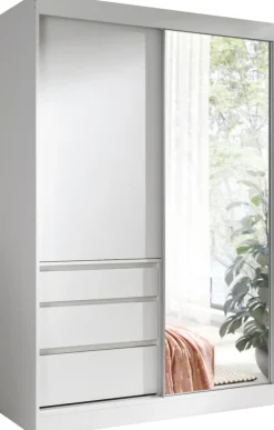 Zestawy Mebli Do Przedpokoju|Szafy Dwudrzwiowe>JUREK Biała szafa przesuwna z lustrem i szufladami 140 cm HORIZON biały