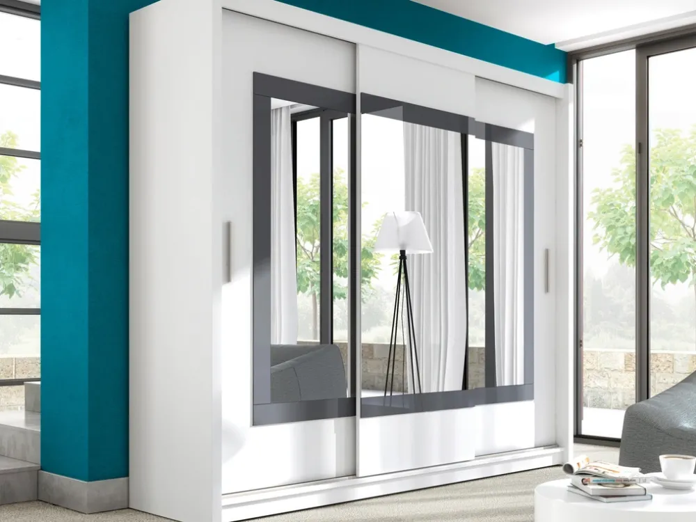 Szafy Trzydrzwiowe|Szafy Z Lustrem>Stolar Biała szafa przesuwna z lustrem i półkami 250 cm PROTON