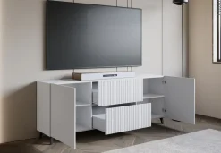 Szafki Rtv>BRATEX Biała szafka RTV 180 cm do salonu z szufladami TRESO ryflowana cichy domyk biały