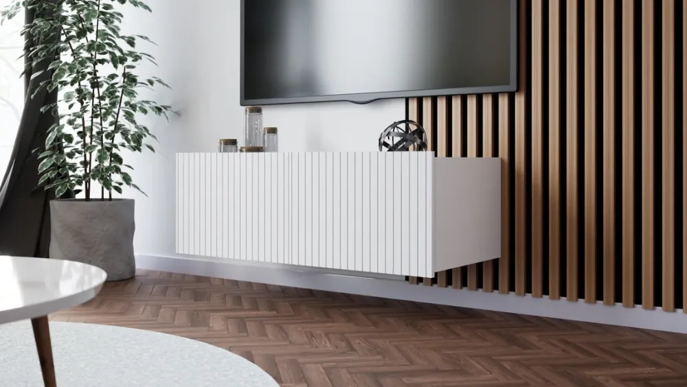 Szafki Rtv>GiB Meble Biała szafka RTV 100 cm nowoczesna z ryflowanymi frontami KORDIS biały