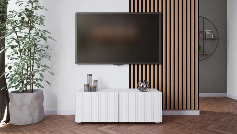 Szafki Rtv>GiB Meble Biała szafka RTV 100 cm nowoczesna z ryflowanymi frontami KORDIS biały