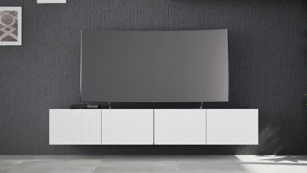 Szafki Rtv>GiB Meble Biała szafka RTV 100 cm nowoczesna z ryflowanymi frontami KORDIS biały