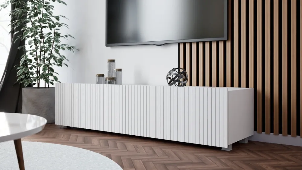 Szafki Rtv>GiB Meble Biała szafka RTV nowoczesna 150 cm z ryflowanymi frontami KORDIS biały