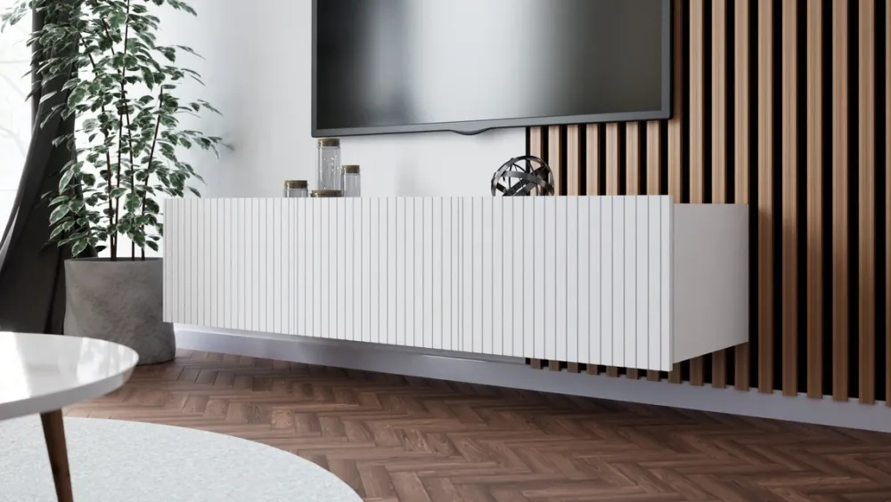 Szafki Rtv>GiB Meble Biała szafka RTV nowoczesna 150 cm z ryflowanymi frontami KORDIS biały