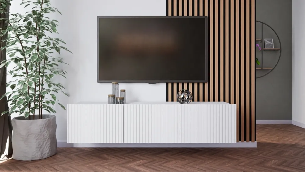 Szafki Rtv>GiB Meble Biała szafka RTV nowoczesna 150 cm z ryflowanymi frontami KORDIS biały