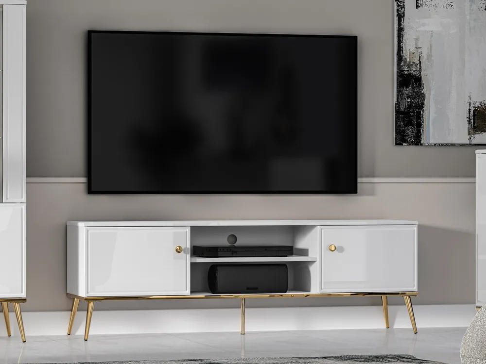 Szafki Rtv>ML Meble Biała szafka RTV pod telewizor do salonu GOLDIN biały połysk