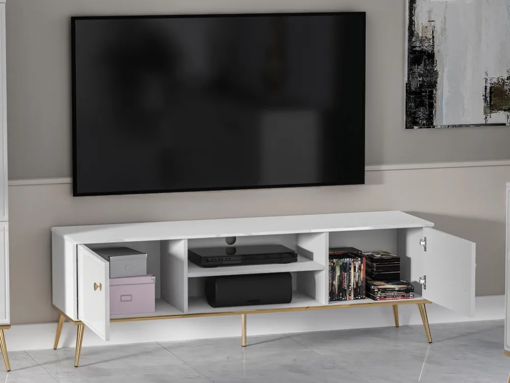 Szafki Rtv>ML Meble Biała szafka RTV pod telewizor do salonu GOLDIN biały połysk