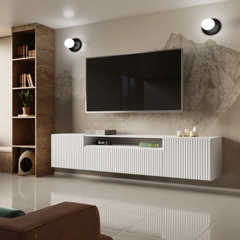 Szafki Rtv>Arton Biała szafka RTV wisząca 200 cm do salonu TAVIO frezowana biały