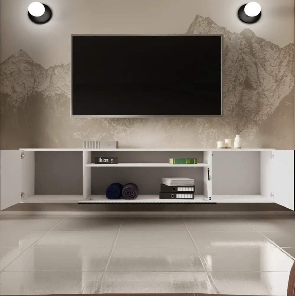 Szafki Rtv>Arton Biała szafka RTV wisząca 200 cm do salonu TAVIO frezowana biały