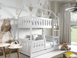 Łóżka Młodzieżowe|Łóżka Dziecięce>Meblomal Białe dwupoziomowe łóżko do pokoju dziecięcego z barierką 80x190 cm MELANIA biały