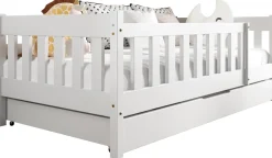 Meble Dla Dzieci|Łóżka Dziecięce>Meblomal Białe łóżko do pokoju dziecięcego z barierką i pojemnikiem 80x160 cm NEBULA biały