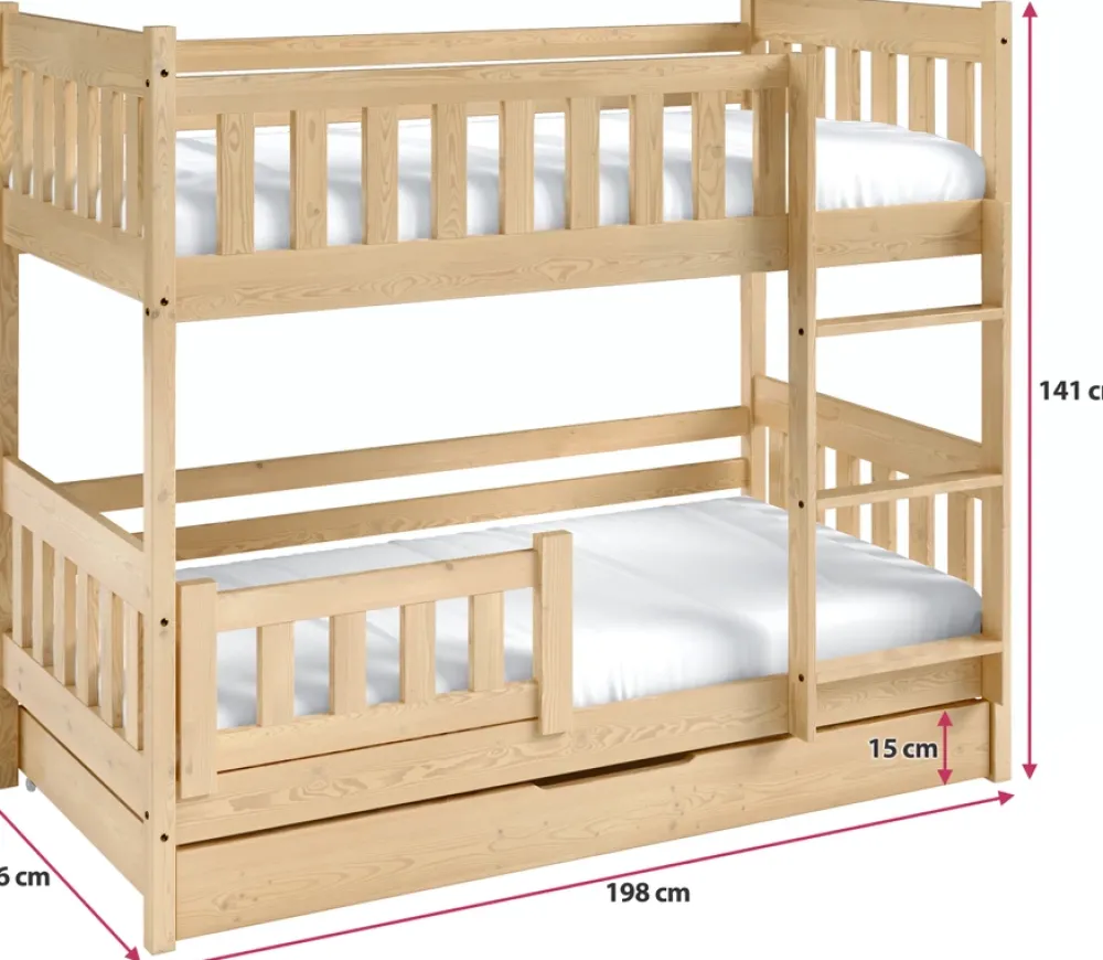 Meble Dla Dzieci|Łóżka Młodzieżowe>Meblomal Białe łóżko piętrowe z drewna sosnowego do pokoju dziecięcego z pojemnikiem 80x190 cm LUMISLE biały