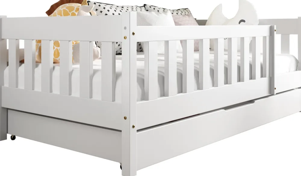 Meble Dla Dzieci|Łóżka Dziecięce>Meblomal Białe łóżko z barierką oraz pojemnikiem do pokoju dziecięcego z drewna sosnowego 80x190 cm NEBULA biały