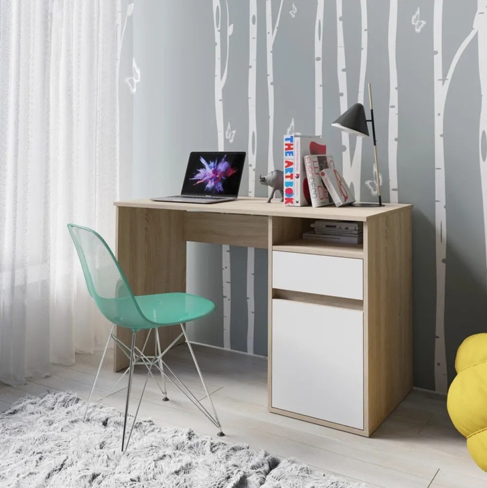 Biurka|Toaletki I Konsole>MEBLOSIEK Biurko 120 cm z szufladą BILLY z białymi frontami dąb sonoma