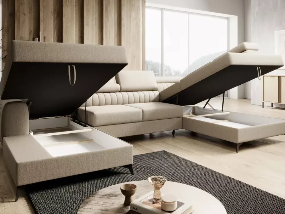 Narożniki>NEXT COLLECTION Błękitny narożnik do salonu PAULLETTO funkcja spania pojemniki