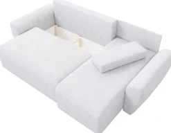 Narożniki></noscript>IZABELLA MEBLE Brązowy narożnik boucle z funkcją spania i pojemnikiem ROTTERDAM